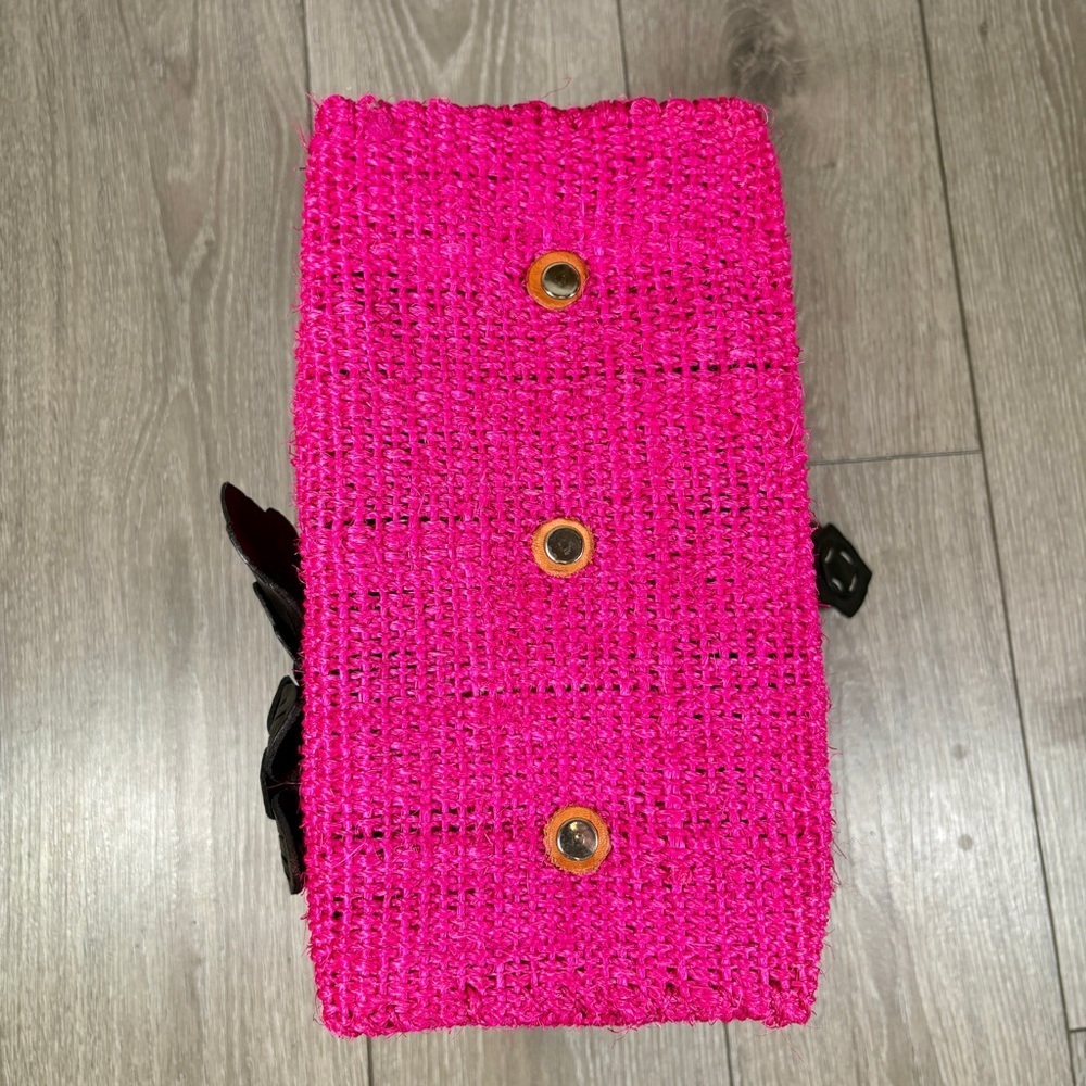 Pink Woven Handbag with Black Floral Accents - Picture 7 of 7